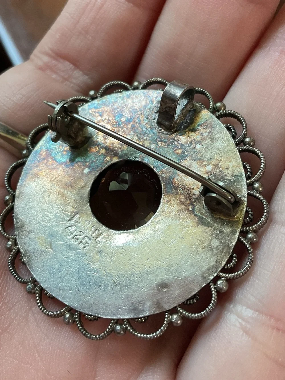 Vintage Israel Sterling Silver Smoky Quartz Filigree Brooch Pendant